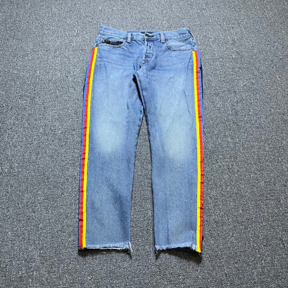 Polo Ralph Lauren Avery Boyfriend Jeans 27 Blue Side Stripe Raw Hem Button Fly